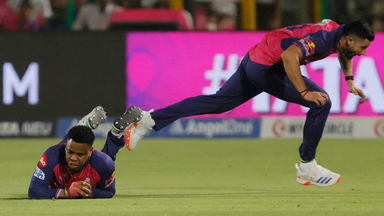 In the air...two fielders converging and...Hetmyer judges it to perfection