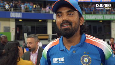 KL Rahul reacts after winning his first ICC Trophy