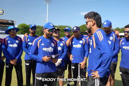 Saransh Jain receives his Test cap from Ravindra Jadeja