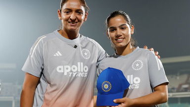 Captain Harmanpreet Kaur presents debutant Vaishnavi Sharma with T20I cap