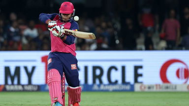 14-year-old Vaibhav Sooryavanshi launches one into the stands against Bhuvneshwar