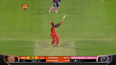 M05: SRH vs RR – Romario Shepherd Six