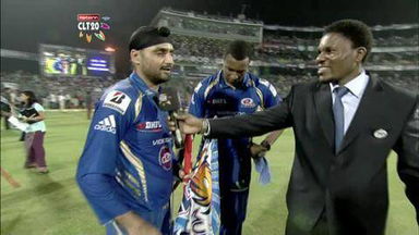 CLT20 2013 M23: RR vs MI  –   Interview – Harbhajan Singh & Kieron Pollard