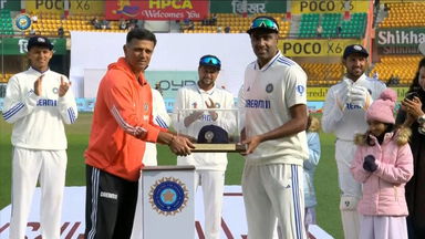 Head Coach Rahul Dravid felicitates R Ashwin on his 100th Test