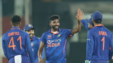 Siraj gets the direct-hit right to run-out Karunaratne