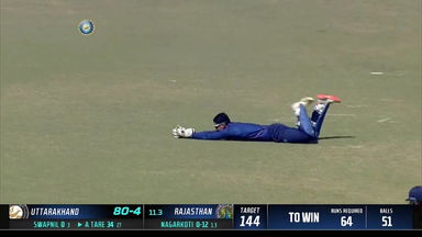 Syed Mushtaq Ali Trophy 2022: K S Rathore’s flying catch behind the stumps to dismiss Aditya Tare