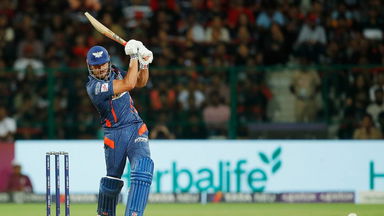 Powerful strikes: Stoinis smashes 6,4,4 off Harshal