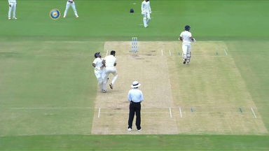 That hurts: Sarfaraz Khan takes a nasty tumble after a mid-pitch collision with the bowler