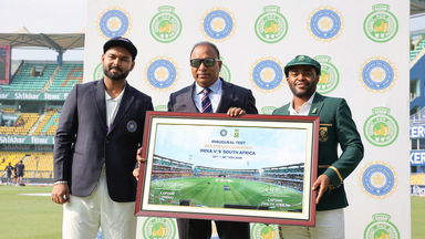Inaugural Test in Guwahati: BCCI Honorary Secretary Mr. Devajit Saikia presents special mementos to the two captains