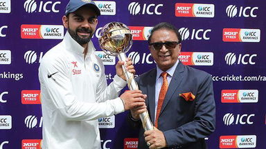 Team India receive the ICC Test Mace from Sunil Gavaskar